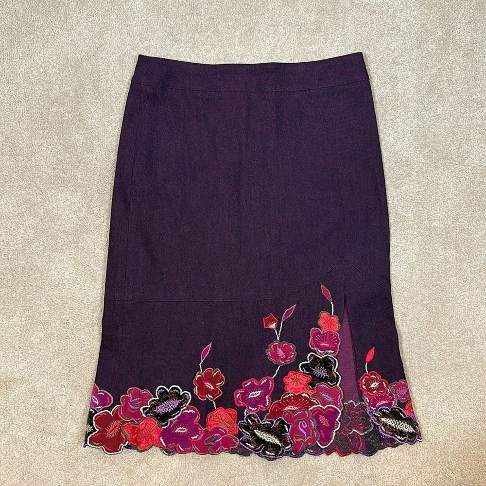 Nanette Lepore Knee Length Purple Embroidered Slit Flower Skirt Women Size 4